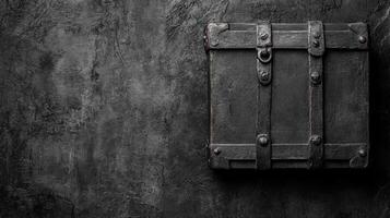 Antique Black Chest with Metal Straps on a Rough Gray Stone Surface photo