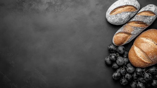 Rustic Bread Loaves with Dark Grapes on a Smooth Charcoal Surface photo