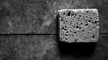 Porous Gray Sponge on a Textured Dark Stone Surface in Monochrome photo
