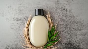 Beige Bottle with Black Cap in a Woven Nest on a Gray Stone Surface photo