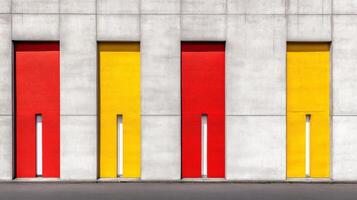 Four Vibrant Red and Yellow Doors on a Smooth Light Gray Concrete Wall photo