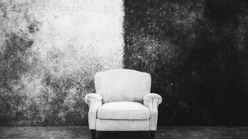 Light Gray Armchair Against a Split Black and White Textured Wall photo