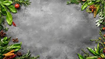Assorted Herbs and Spices Framing a Textured Gray Stone Surface photo