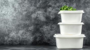 Stacked White Containers with Fresh Greens on a Textured Gray Surface photo