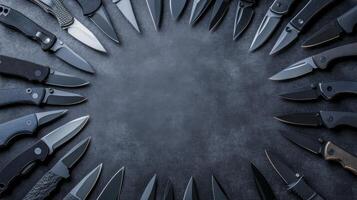 Assorted Folding Knives Arranged in a Circle on a Dark Textured Surface photo
