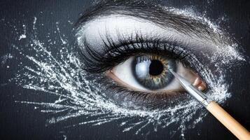 Close Up of an Eye with Dramatic Makeup and Paintbrush Applying White Powder photo