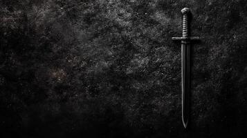 Ancient Sword with Ornate Hilt on a Dark Weathered Stone Surface photo