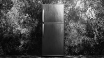 Sleek Metallic Refrigerator Against a Mottled Gray Wall in Monochrome photo