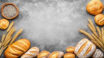 Assorted Fresh Bread Loaves with Wheat Stalks on a Textured Gray Surface photo
