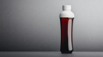 Sleek Bottle with Red Liquid and White Cap on a Smooth Grey Surface photo