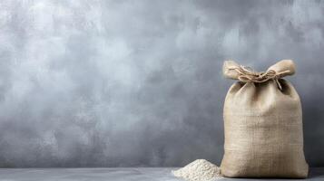 Burlap Sack with Spilled White Powder on a Textured Gray Wall photo