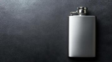 Polished Silver Flask with a Hinged Cap on a Dark Textured Surface photo