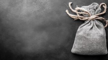 Rustic Burlap Sack Tied with Twin on a Dark Stone Surface photo