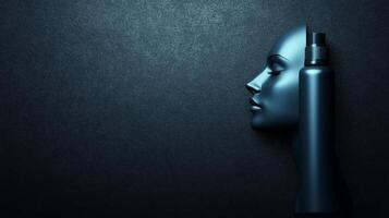 Sleek Spray Bottle Beside a Smooth Blue Mannequin Head Profile photo