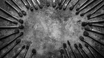 Circle of Makeup Brushes on a Textured Gray Stone Surface photo