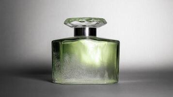 Green Perfume Bottle with Faceted Cap on a Smooth Gray Surface photo
