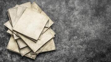 Stack of Aged Paper Sheets on a Dark Gray Textured Surface photo
