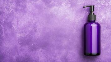 Purple Pump Bottle with Black Nozzle on a Lavender Textured Surface photo