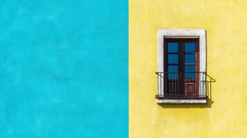 Yellow Wall with Balcony Window Against a Cyan Background photo
