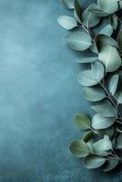 Lush Green Leaves Framing a Soft Teal Background in a Minimalist Style photo