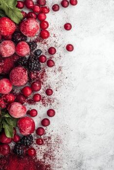Red Berries with Dark Fruits Scattered on a Pale Stone Surface photo