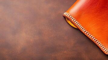 Handcrafted Orange Leather Pouch with White Stitching on a Brown Surface photo