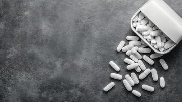 White Pills Spilling from an Open Container on a Dark Textured Surface photo