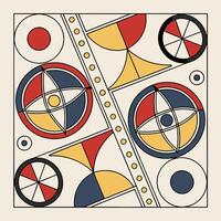Simple Bauhaus Design, Abstract seamless pattern with circular symbols in a 3D design, representing atoms and nuclear science, featuring a metal target icon and round elements vector