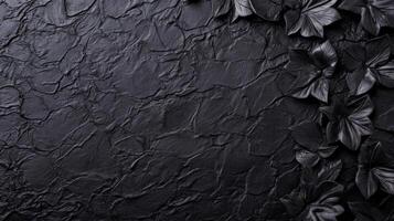 Dark Textured Stone Surface with Black Floral Accents in Monochrome Contrast photo