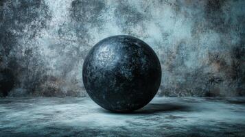 Large Black Sphere on Textured Gray Blue Surface with Mottled Background photo