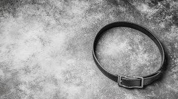 Worn Black Leather Strap with Buckle on a Grunge Stone Surface photo