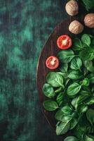 Fresh Basil Leaves with Cherry Tomatoes and Walnuts on a Wooden Board photo