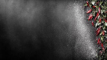 Red Chili Peppers with Leaves Dusted with White Powder on a Dark Textured Surface photo