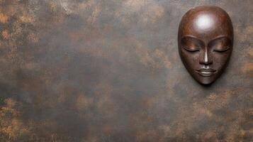 Bronze Mask with Closed Eyes on a Textured Dark Brown Rusted Surface photo