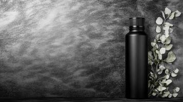 Tall Black Cylindrical Bottle with Leaves on a Textured Grayscale Surface photo