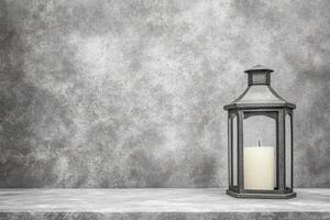 Metal Lantern with Unlit Candle on a Textured Gray Surface in Monochrome photo
