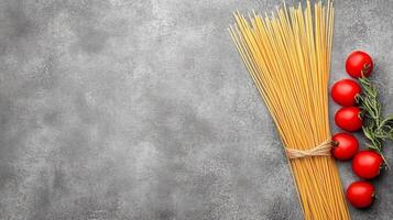 Bundle of Spaghetti with Cherry Tomatoes and Rosemary on a Textured Gray Surface photo