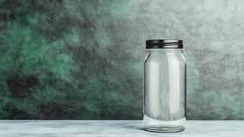 Clear Glass Jar with Black Lid on a Smooth Surface Against a Teal Backdrop photo