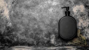 Black Pump Bottle with Dried Herbs on a Textured Gray Stone Surface photo
