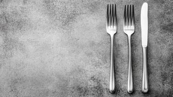 Two Shiny Forks and a Knife on a Textured Gray Stone Surface photo
