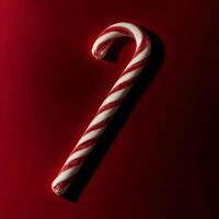 Close up of a red and white striped candy cane on a red surface photo