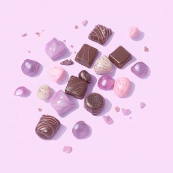 Assorted Gourmet Chocolates with Glitter and Drizzle on Pink Surface photo