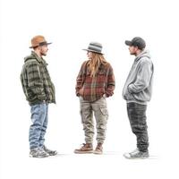 Three Young People in Casual Attire Standing and Talking Together photo