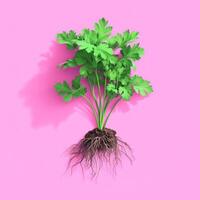 Vibrant Green Parsley Plant with Exposed Roots on Pink Surface photo