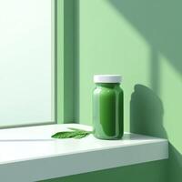 Glass Bottle of Green Juice with Mint Leaf on Sunny Windowsill photo