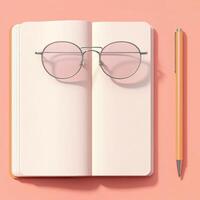 Open Blank Notebook with Round Pink Glasses and Pen on Peach Surface photo