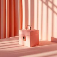Pink Square Box with Lock and Handle in Soft Light with Striped Shadows photo