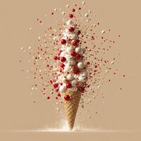 Exploding Ice Cream Cone with Festive Red and White Spheres Bursting photo