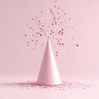 Minimalist Pink Cone Surrounded by Exploding and Falling Pink Confetti Pieces photo
