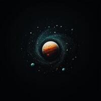 Central Planet Surrounded by Swirling Stars and Smaller Celestial Bodies photo